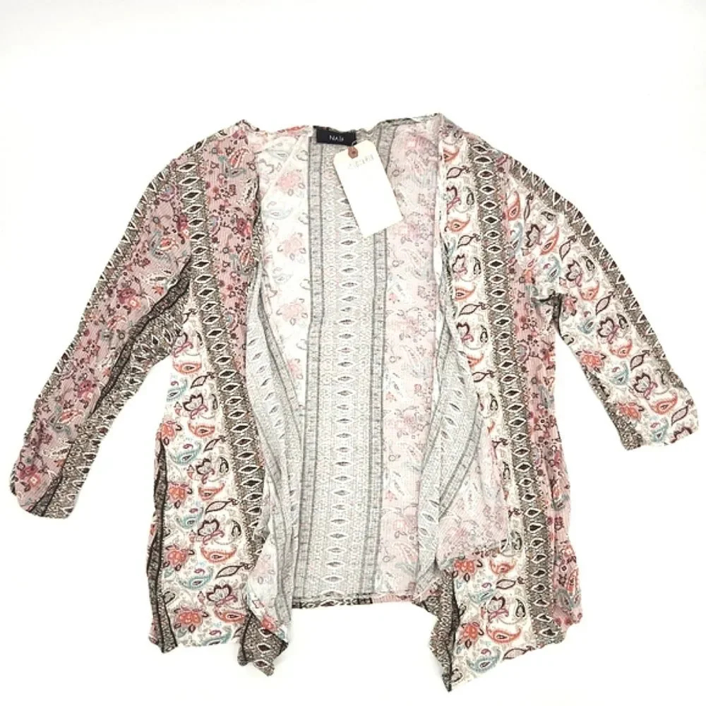 Naïf Cardigan Size 3X Womens Paisley Print  Gauze 3/4 Ruched Sleeves Open Front